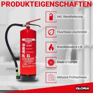 Protex – Schaum-Feuerlöscher SD6 E – 6 Liter – fluorfrei – für die Brandklassen A und B – Zertifiziert nach DIN EN 3 – 11 kg – mit praktischer Halterung – mit Prüfplakette – Made in EU