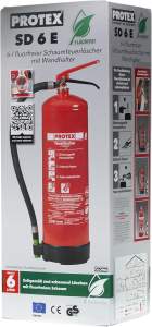 Protex – Schaum-Feuerlöscher SD6 E – 6 Liter – fluorfrei – für die Brandklassen A und B – Zertifiziert nach DIN EN 3 – 11 kg – mit praktischer Halterung – mit Prüfplakette – Made in EU