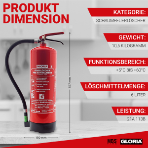 Gloria SDE6- Bioschaum Dauerdruck-Feuerlöscher mit Wandhalterung, einsetzbar an elektrischen Anlagen, EN3, 6 l, 6LE