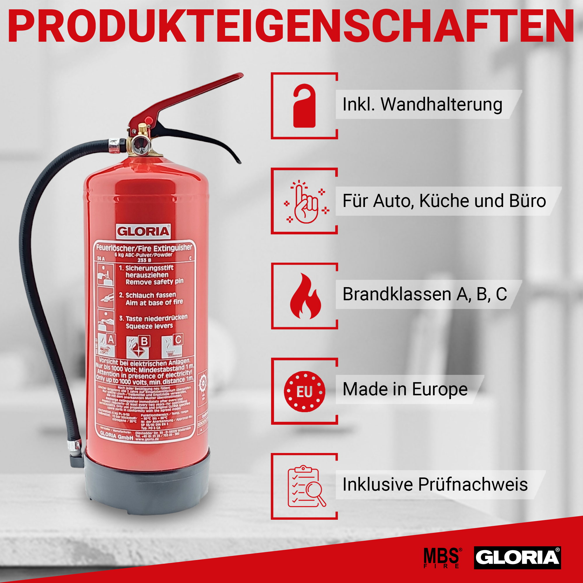 Feuerlöscher Frostsicher 2x Gloria PD6GA Feuerlöscher – ABC-Pulver, 6 Kg, 34A/233B/C, Manometer, Wandhalter, Frostsicher -30°C Bis 60°C, 10 LE