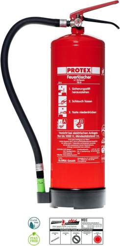 Protex – Schaum-Feuerlöscher SD6 E – 6 Liter – fluorfrei – für die Brandklassen A und B – Zertifiziert nach DIN EN 3 – 11 kg – mit praktischer Halterung – mit Prüfplakette – Made in EU