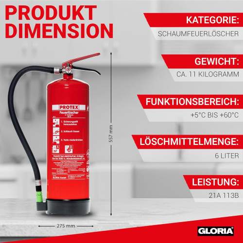 Protex – Schaum-Feuerlöscher SD6 E – 6 Liter – fluorfrei – für die Brandklassen A und B – Zertifiziert nach DIN EN 3 – 11 kg – mit praktischer Halterung – mit Prüfplakette – Made in EU
