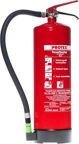 Protex – Schaum-Feuerlöscher SD6 E – 6 Liter – fluorfrei – für die Brandklassen A und B – Zertifiziert nach DIN EN 3 – 11 kg – mit praktischer Halterung – mit Prüfplakette – Made in EU