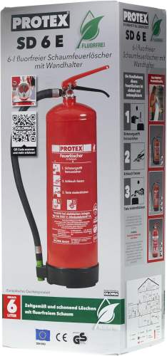 Protex – Schaum-Feuerlöscher SD6 E – 6 Liter – fluorfrei – für die Brandklassen A und B – Zertifiziert nach DIN EN 3 – 11 kg – mit praktischer Halterung – mit Prüfplakette – Made in EU