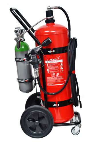 Jockel 50L fluorfrei Schaum-Feuerlöscher fahrbar mit 10m Schlauch inkl. Plakette
