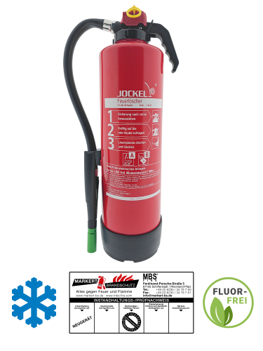 Jockel 6L AB fluorfreier Schaumfeuerlöscher Auflade 34A, 144B S 6 JXF 34GREEN 2.0 -25°C inkl. Halt. u. Plakette, umweltfreundlich, ideal für Haushalt und Gewerbe.